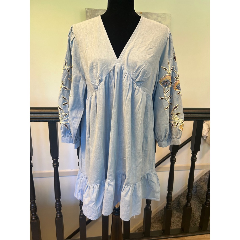 Zara Blue Embroidered Eyelet Sleeve Mini‎ Dress V-Neck Tiered Boho NWT Large